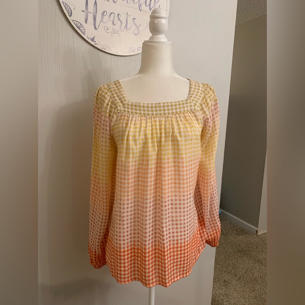 LC Lauren Conrad Yellow and Orange Gingham Blouse